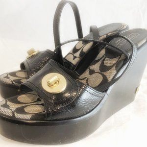COACH LOGO MAE SOFT PATENT WEDGE SANDALS